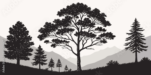 A classic black and white illustration of a stately home with trees and a horse-drawn carriage