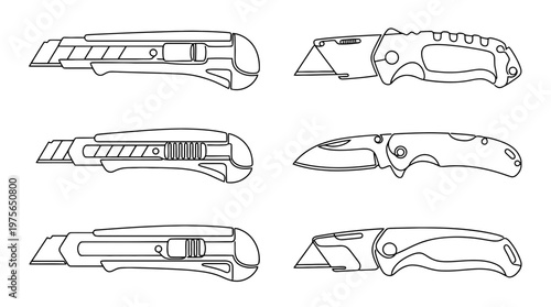 utility knife , six black Continuous Line Art (Single Line) vector set collection , white background , PNG and SVG