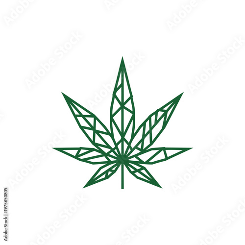 Geometric Green Cannabis Leaf Icon Logo, Minimal Marijuana Emblem With Modern Line Art.