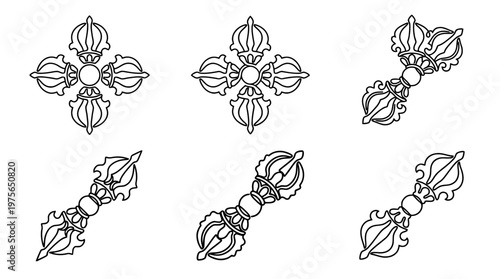 vajra , six black Continuous Line Art (Single Line) vector set collection , white background , PNG and SVG