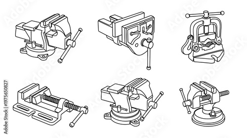 vise , six black Continuous Line Art (Single Line) vector set collection , white background , PNG and SVG