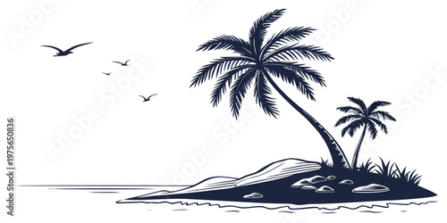 Illustration of a palm tree with a bird in flight above its fronds