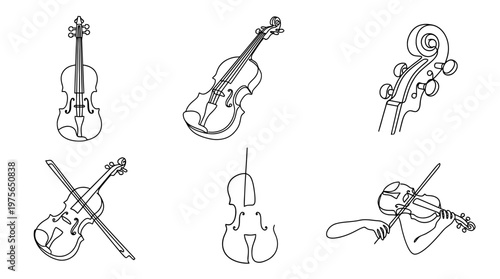 violin , six black Continuous Line Art (Single Line) vector set collection , white background , PNG and SVG