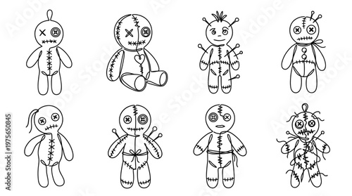voodoo doll , six black Continuous Line Art (Single Line) vector set collection , white background , PNG and SVG