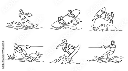wakeboard , six black Continuous Line Art (Single Line) vector set collection , white background , PNG and SVG