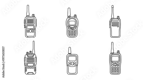walkie talkie , six black Continuous Line Art (Single Line) vector set collection , white background , PNG and SVG
