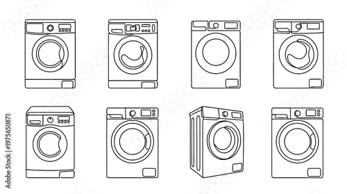 washer , six black Continuous Line Art (Single Line) vector set collection , white background , PNG and SVG