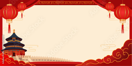 Traditional Chinese architecture and decor for celebration backdrop. Perfect for festive promotions, greeting cards, and cultural events.