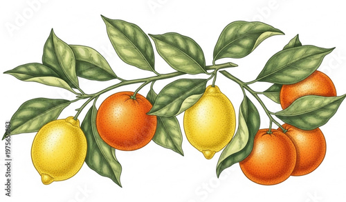 Title: Vintage Citrus Tree Branches Illustration with Lemon and Orange Fruits Isolated on White Background