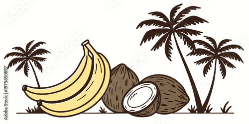 A vibrant tropical fruit display featuring bananas and pineapples