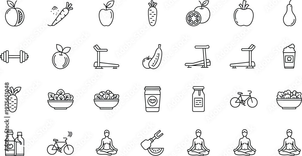 Fototapeta premium Title fitness and wellness icons a collection of line art representations description a set of black and white line art icons depicting