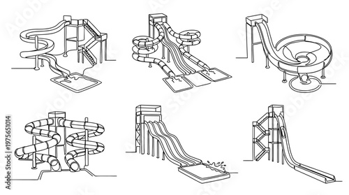 water slide , six black Continuous Line Art (Single Line) vector set collection , white background , PNG and SVG