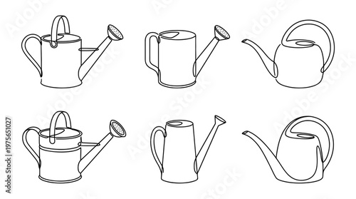 watering can , six black Continuous Line Art (Single Line) vector set collection , white background , PNG and SVG