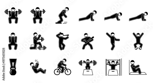 Collection of various fitness and exercise icons in black and white.