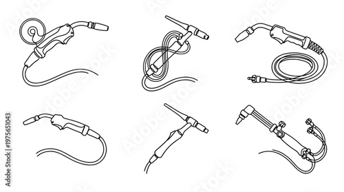 welding torch , six black Continuous Line Art (Single Line) vector set collection , white background , PNG and SVG