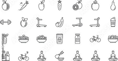 Title fitness and wellness icons a collection of line art representations description a set of black and white line art icons depicting
