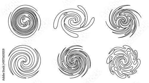 whirlpool , six black Continuous Line Art (Single Line) vector set collection , white background , PNG and SVG