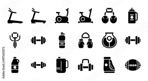 Collection of various gym and fitness equipment in silhouette style.