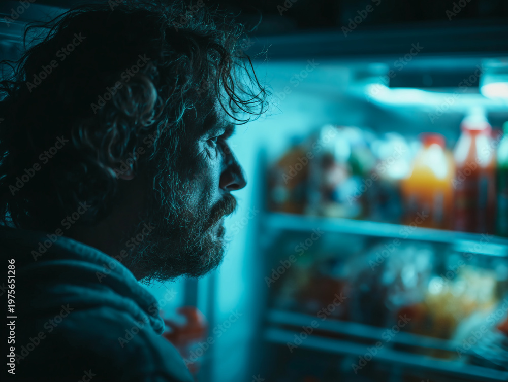 Fototapeta premium Man looking into open refrigerator at night - concept of late night eating, hunger and daily routine