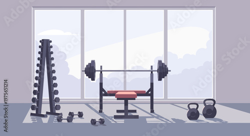 Essential gym equipment setup with barbell bench dumbbells and kettlebells for strength training.
