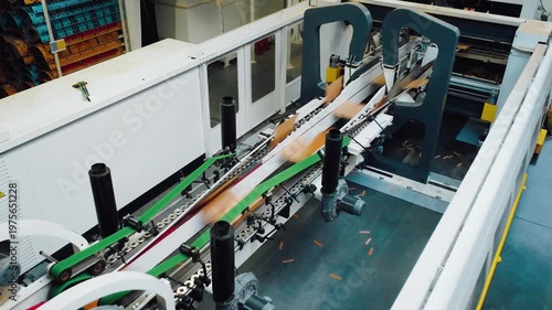 Highspeed conveyor system forms uniform cardboard containers efficiently. Modern packaging facility utilizes automated machinery to produce consistent and quality cardboard shells for shipment