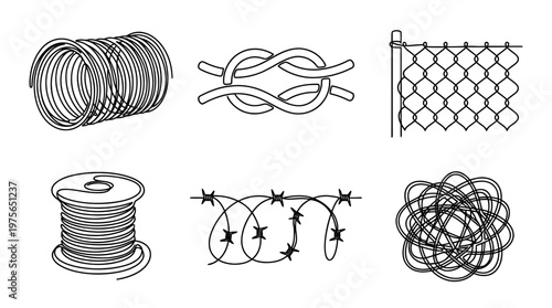 wire , six black Continuous Line Art (Single Line) vector set collection , white background , PNG and SVG