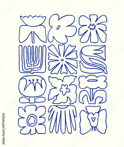 Naive floral poster, card design in line-art doodle style. Abstract nature ou...