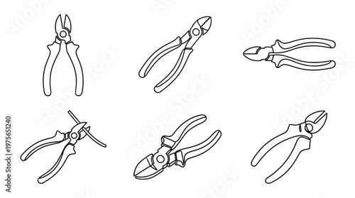 wire cutter , six black Continuous Line Art (Single Line) vector set collection , white background , PNG and SVG