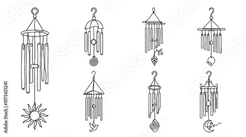 wind chime , six black Continuous Line Art (Single Line) vector set collection , white background , PNG and SVG