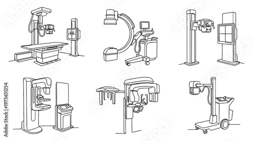 xray machine , six black Continuous Line Art (Single Line) vector set collection , white background , PNG and SVG