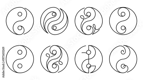 yin yang symbol , six black Continuous Line Art (Single Line) vector set collection , white background , PNG and SVG