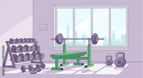 Home Gym with Weight Bench and Dumbbell Rack for Fitness Training.