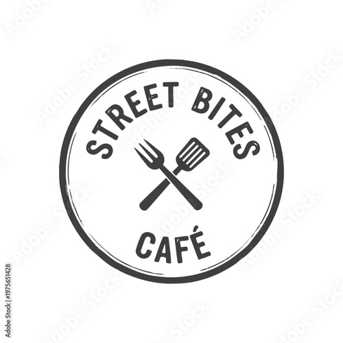 Street Bites Café Vintage Logo Badge With Crossed Fork And Spatula, Rustic Food Café Emblem.