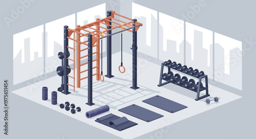 Isometric Gym Interior with Fitness Equipment and Workout Gear.