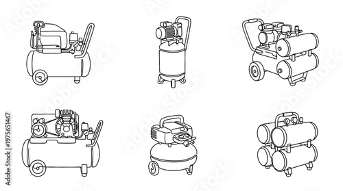 air compressor , six black Continuous Line Art (Single Line) vector set collection , white background , PNG and SVG