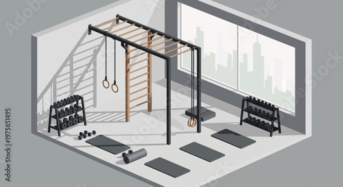 Isometric Home Gym with Exercise Equipment and Workout Space.