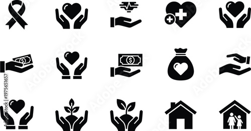 Charity and support icons a collection of black glyphs representing care