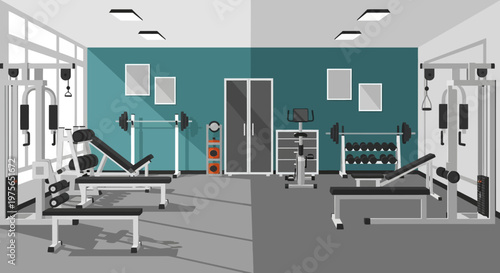 Modern Gym Interior with Various Exercise Equipment and Weights.