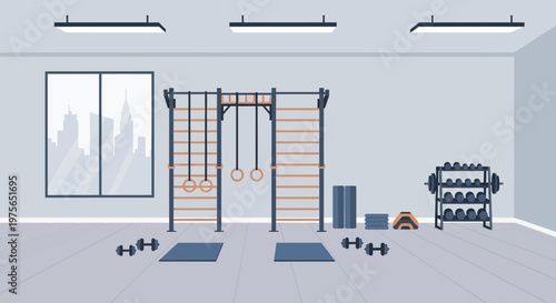 Modern Gym Interior with Various Fitness Equipment for Workout and Training.