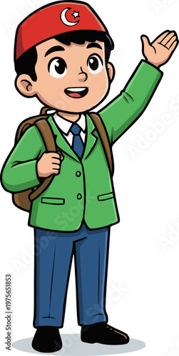 Young Muslim Boy Student Waving Hand Ready for School or Religious Education with Backpack