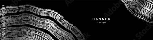 Luxury silver banner with wood annual rings texture. Background with shiny tree ring pattern. Stamp of tree trunk in section. Natural wooden concentric circles. Black and silver background