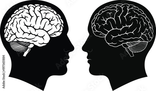 Dual brain silhouettes exploring contrasting mental landscapes and cognitive differences