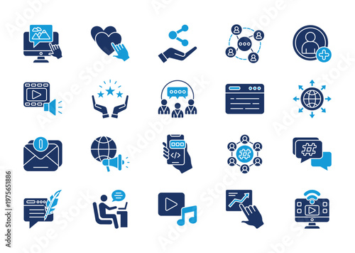 Social media thin solid icon set. Containing click like, share, community, add friend, media, favorite, social, website, connect