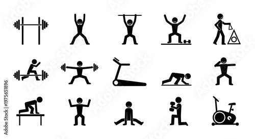 Set of black and white icons depicting various gym exercises and fitness activities.