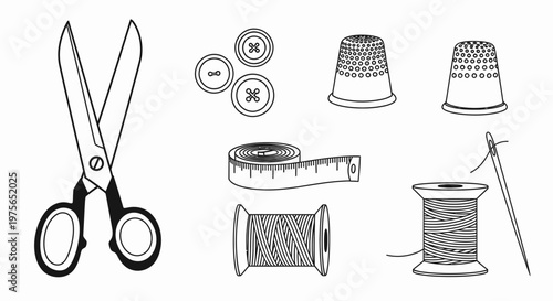 Sewing tools collection with scissors, thimbles, buttons, measuring tape, thread, and needle.