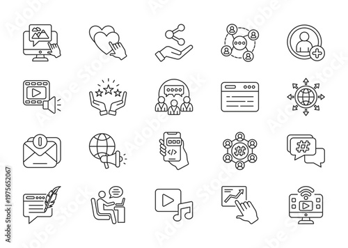 Social media thin line icon set. Containing click like, share, community, add friend, media, favorite, social, website, connect