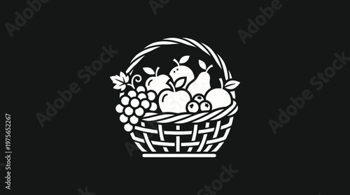 White Fruit Basket Icon on Black Background