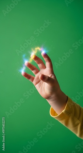 Childs hand with glowing energy, magic, and vibrant colors.