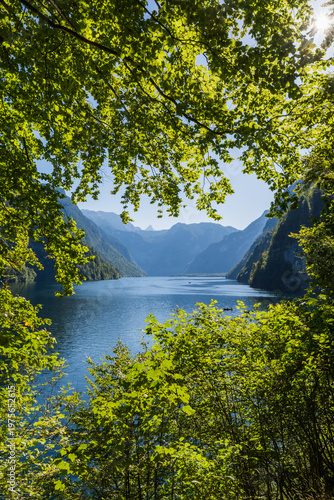 Scenic view of Konigssee lake from Malerwinkel viewpoint with mountains and green forest in bavaria germany alps 