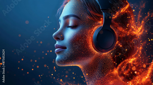 beautiful woman with a headphones on a blue background, 